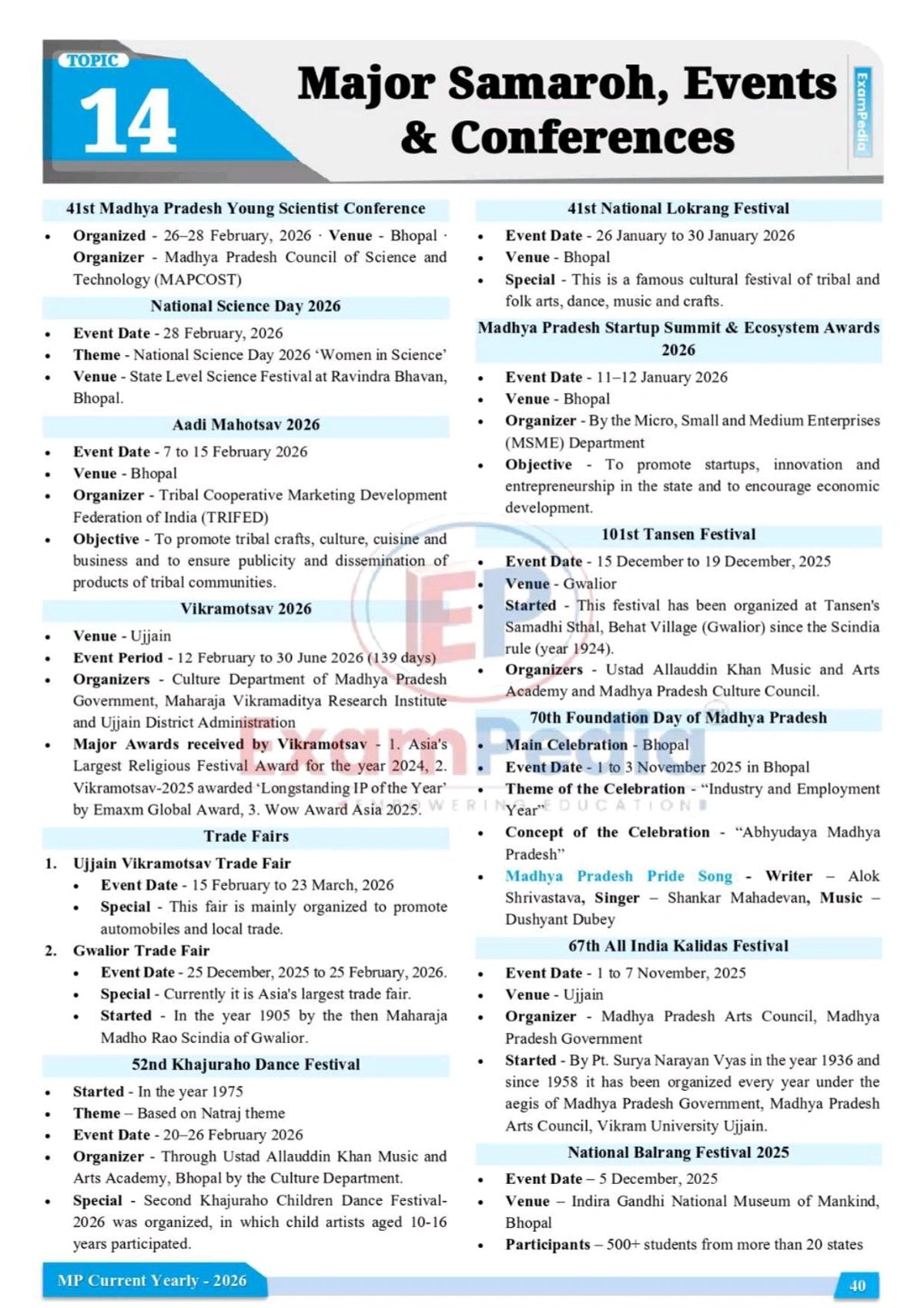 ExamPedia Madhya Pradesh Current Affairs Yearly Book 2026 | MPPSC, MPESB (MPSI, FSO, Assistant Professor) Exam Guide in English | Comprehensive Study Material with Budget, Schemes, Sports | English Mediumi Edition |